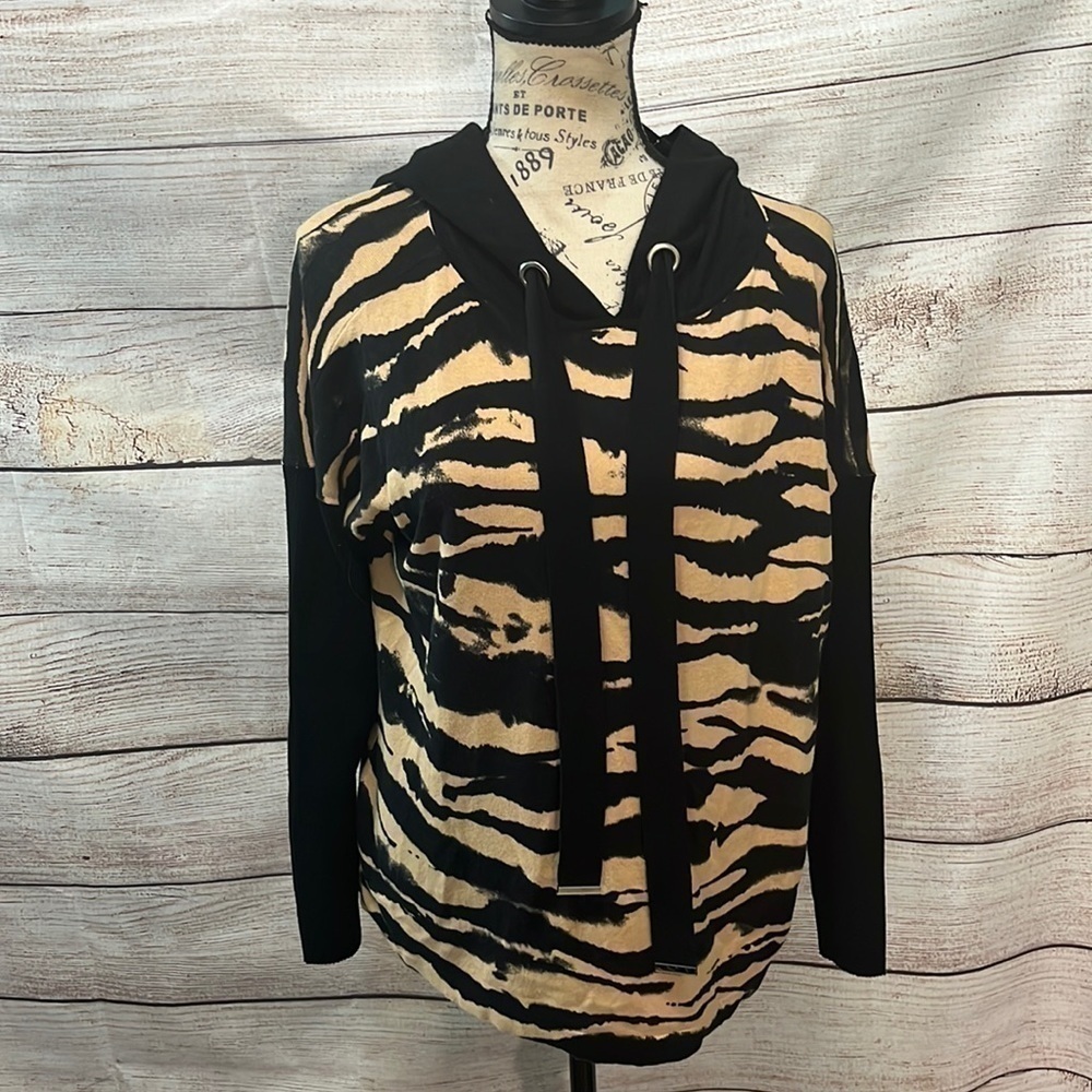 Caryn Vallone Hoodie Top Leopard Drawstring Size XS Ribbed Sleeves